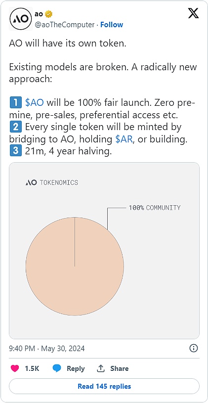 超并行计算 AO 网络透露全新代币模型